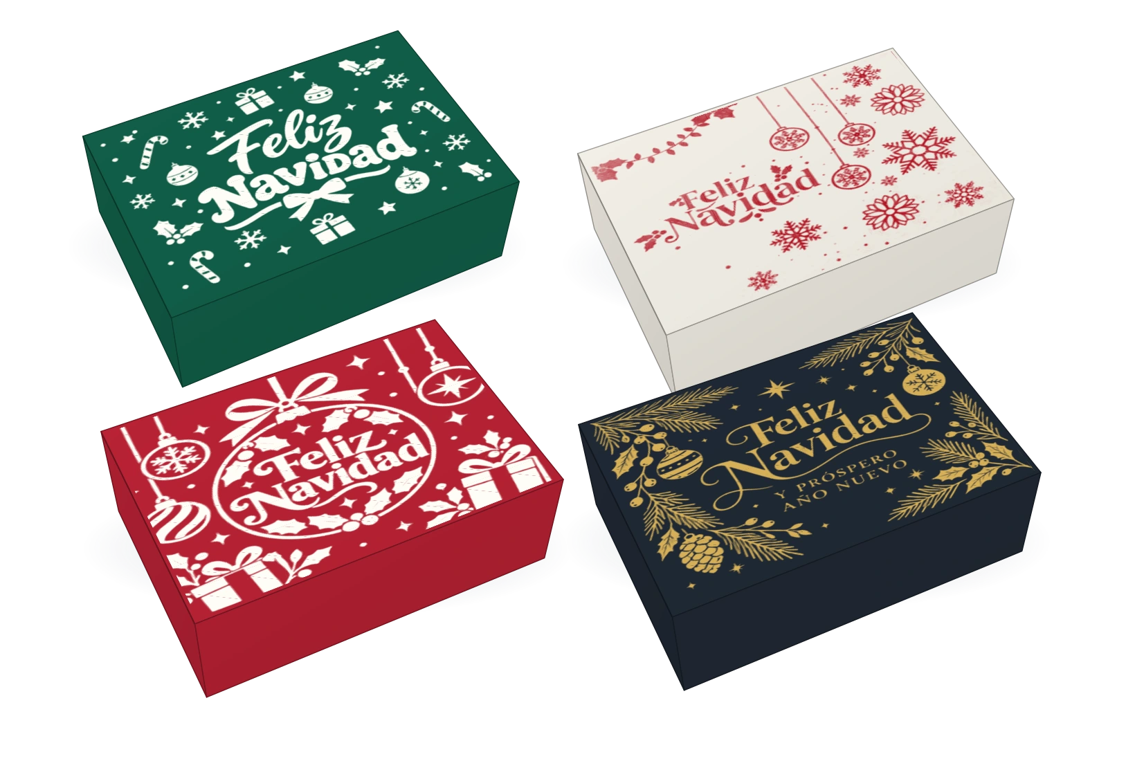 Cajas navideñas blanca, verde, roja y negra con cuatro diseños diferentes